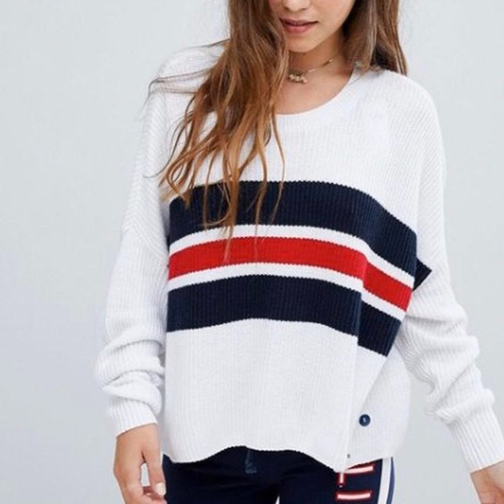 Hollister Red and Navy Striped Knit Sweater